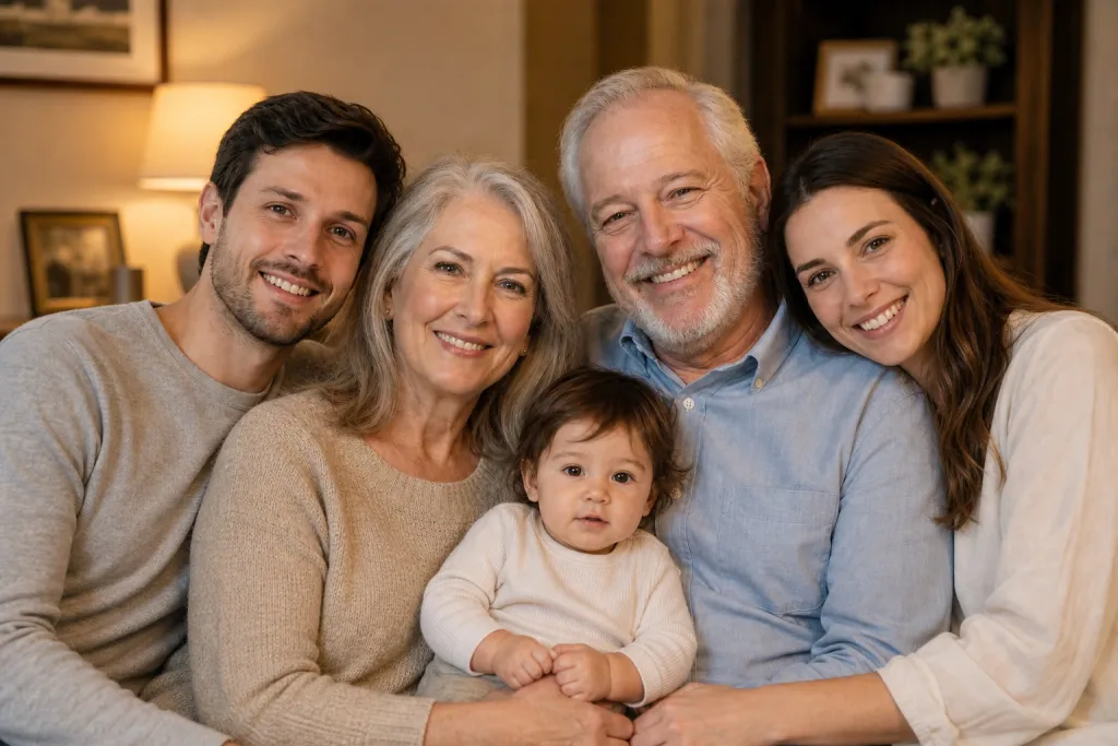 AI-combined family portrait with everyone in one frame
